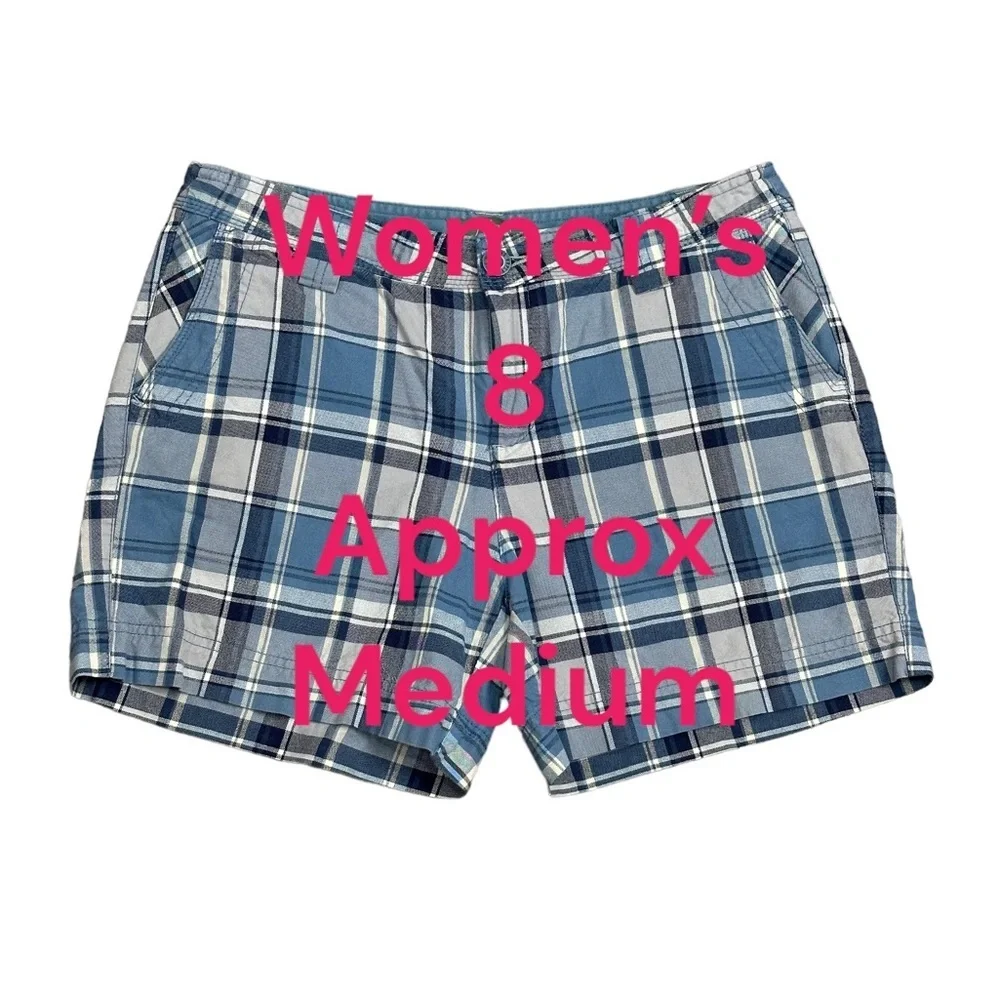Women’s Natural Relflections 8 Medium Shorts Plaid Blue Chino Khakis 4 Pockets - Picture 2 of 8